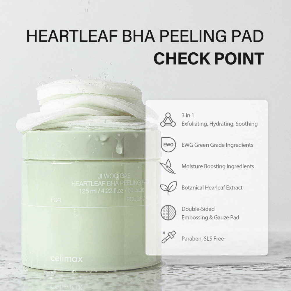 Celimax Ji Woo Gae Heartleaf BHA Peeling Pad is een multifunctioneel product dat exfolieert, hydrateert en de huid kalmeert. Met een EWG-groene classificatie bevat het hydraterende ingrediënten en botanisch hartbladextract.