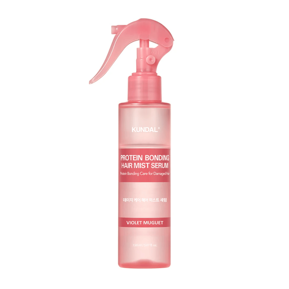 KUNDAL Protein Bonding Hair Mist Serum Violet Muguet in roze spuitfles, 150 ml, voor beschadigd haar met versterkende en herstellende werking.