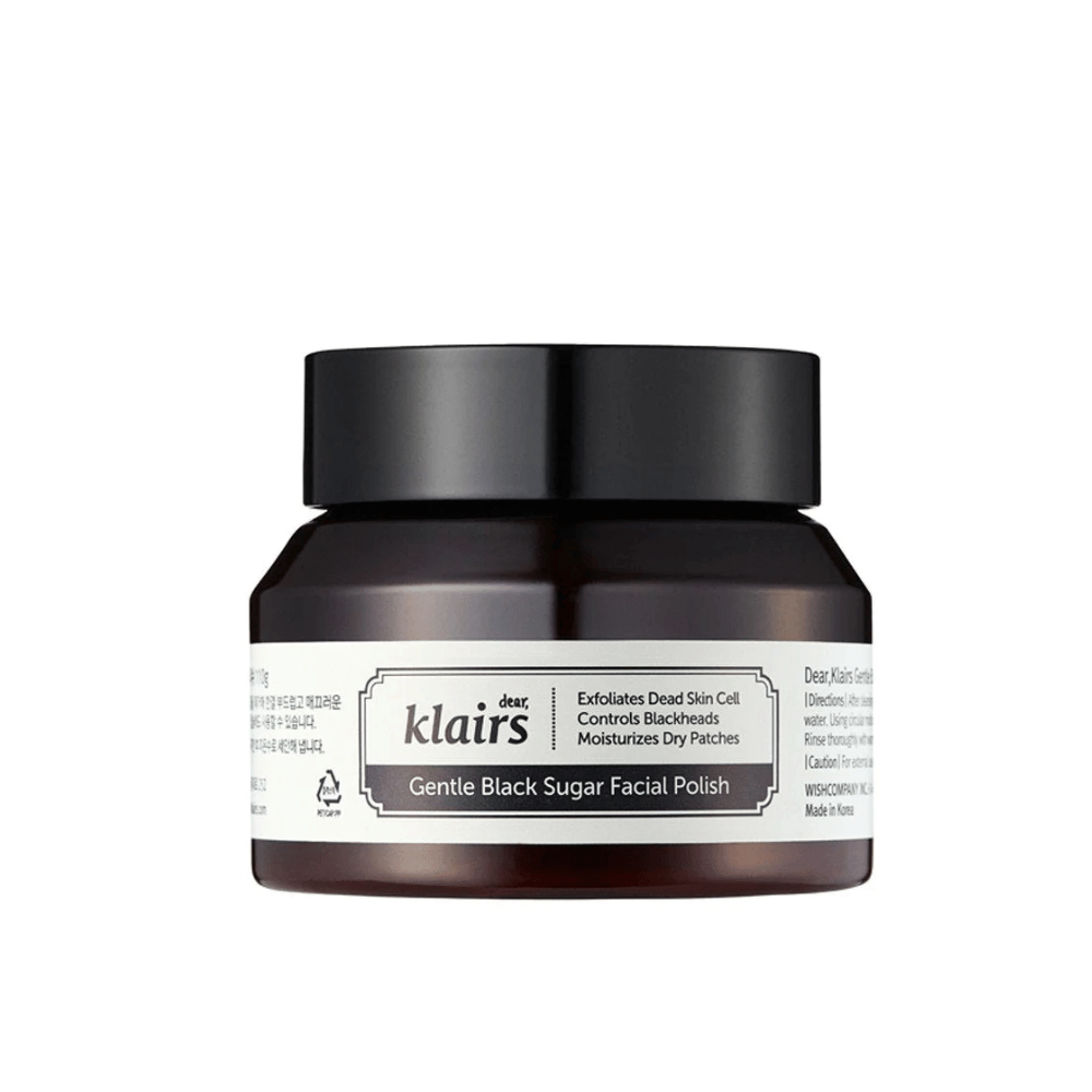 Een pot Klairs Gentle Black Sugar Facial Polish met een zwart deksel en etiket, tegen een neutrale achtergrond.