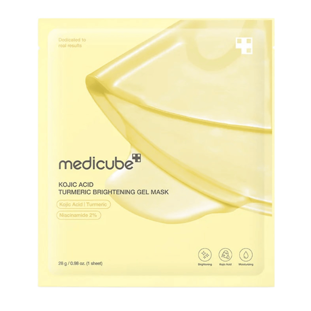 Medicube Kojic Acid Turmeric Brightening Gel Mask – gele verpakking met afbeelding van gelmasker en duidelijke ingrediëntenmarkeringen.