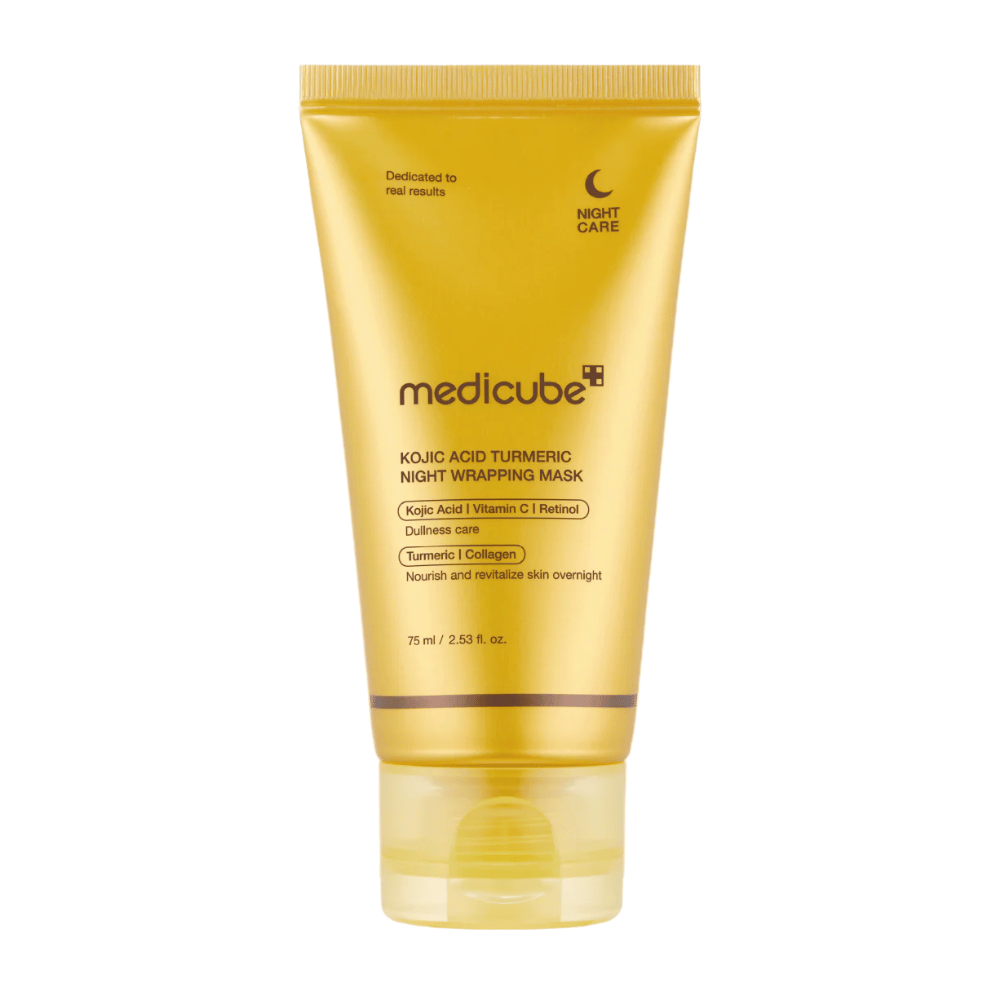 Medicube Kojic Acid Turmeric Night Wrapping Mask 75 ml in goudkleurige verpakking met kojinezuur, kurkuma, vitamine C en collageen voor nachtelijke glansverzorging.