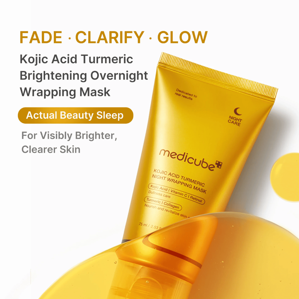Medicube Kojic Acid Turmeric Night Wrapping Mask in een goudkleurige tube voor nachtelijke huidverzorging die helpt om een helderdere, egalere en stralendere huid te geven.