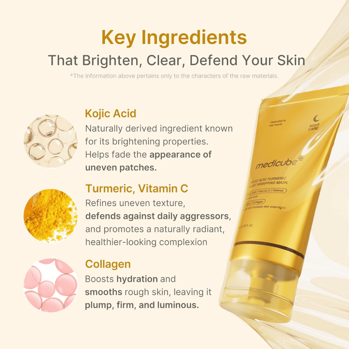 Medicube Kojic Acid Turmeric Night Wrapping Mask met kojinezuur, kurkuma, vitamine C en collageen voor glans, hydratatie en een egalere huidtoon.