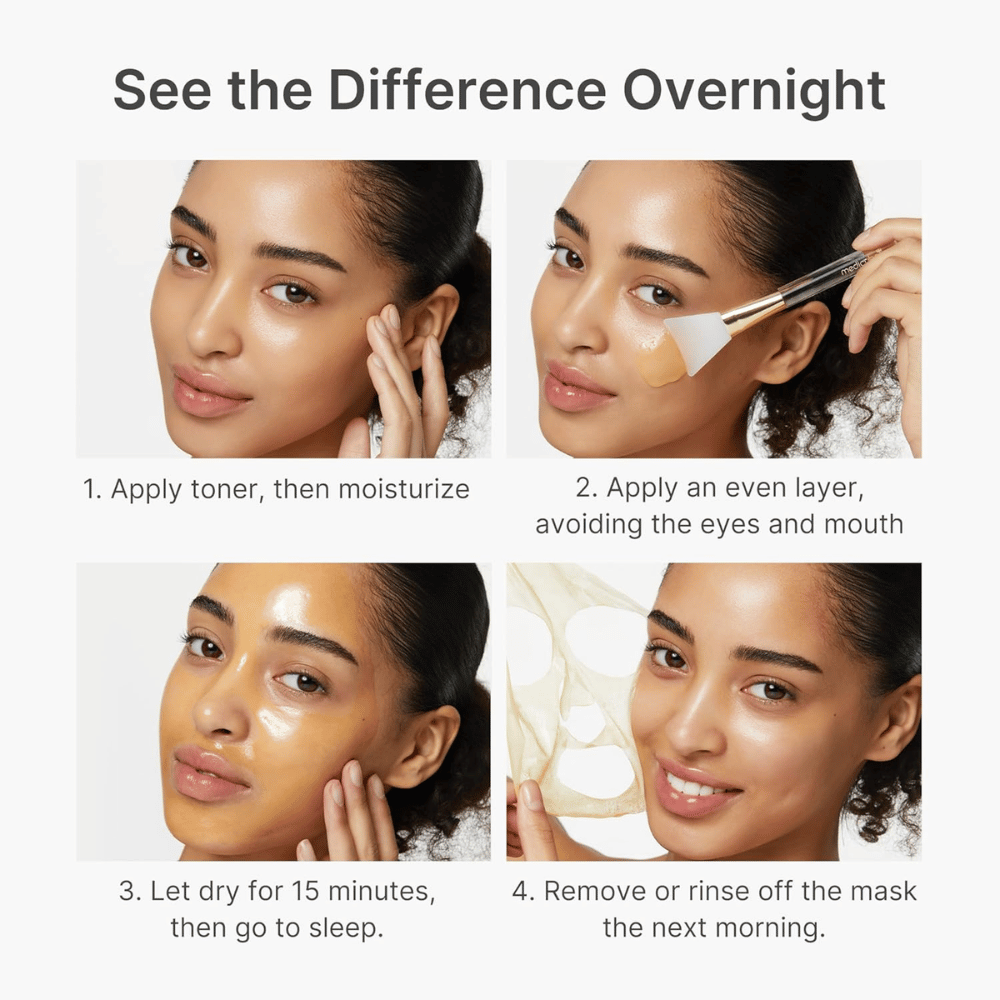 Medicube Kojic Acid Turmeric Night Wrapping Mask wordt als nachtmasker in vier stappen aangebracht voor een helderdere, egalere en stralendere huid gedurende de nacht.