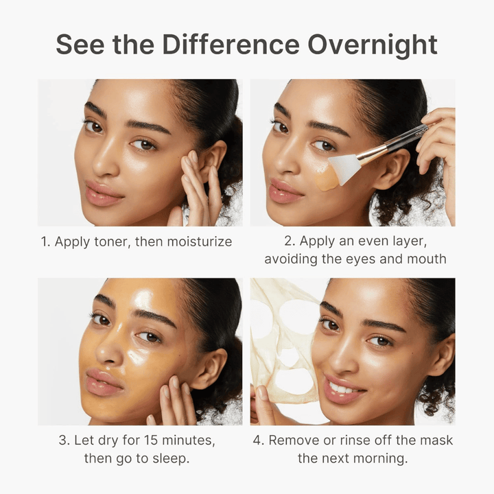 Medicube Kojic Acid Turmeric Night Wrapping Mask wordt als nachtmasker in vier stappen aangebracht voor een helderdere, egalere en stralendere huid gedurende de nacht.