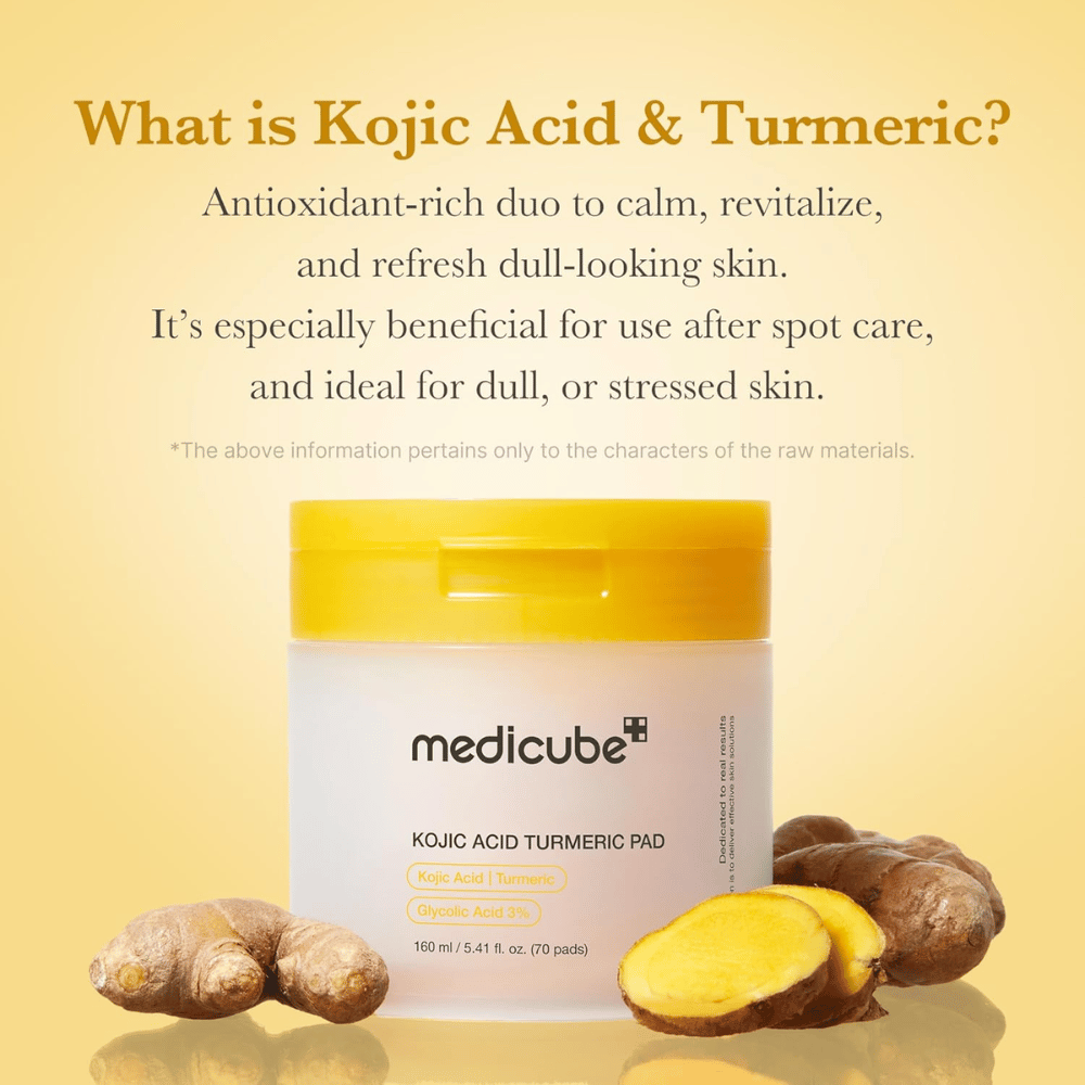 Informatiebeeld voor Medicube Kojic Acid Turmeric Pad met focus op kojinezuur en kurkuma als antioxidantenrijke ingrediënten voor glow, een verzachtend effect en een opgefriste huid.