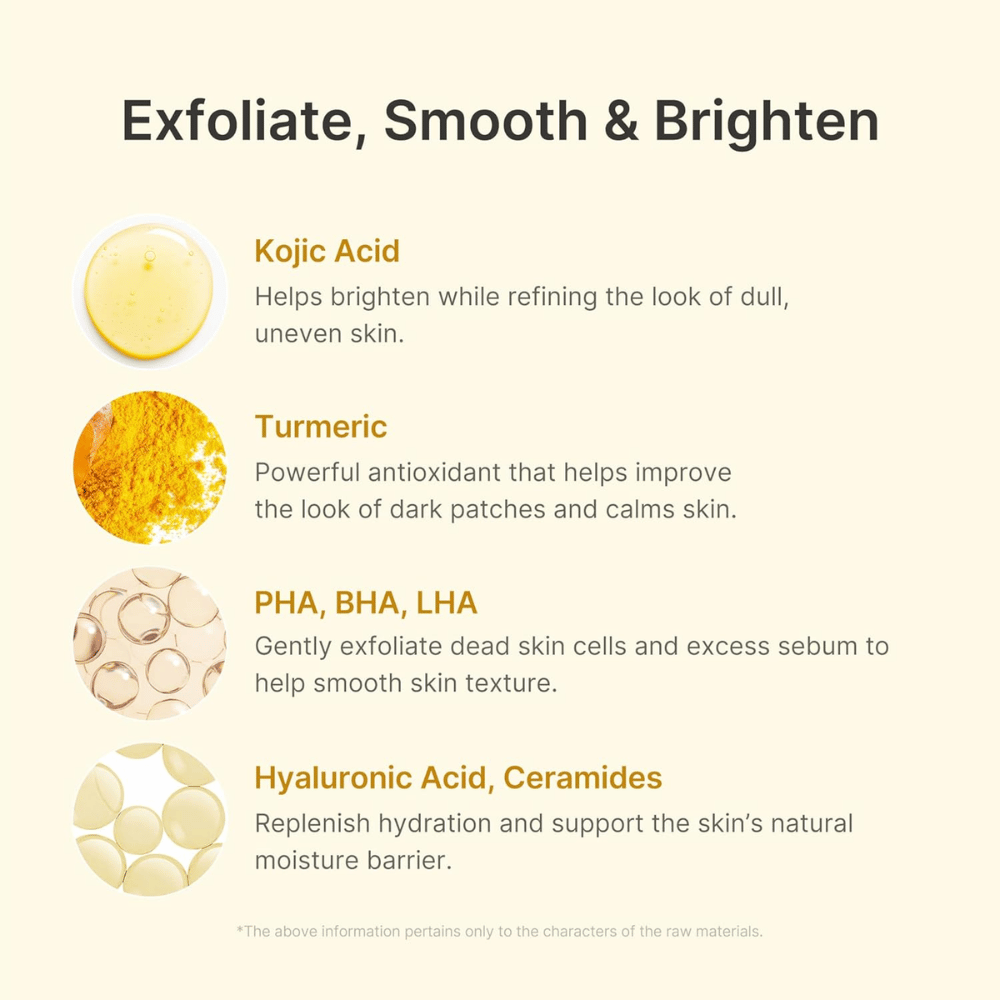 Medicube Kojic Acid Turmeric Peel Shot met kojinezuur, kurkuma, PHA, BHA, LHA, hyaluronzuur en ceramiden.