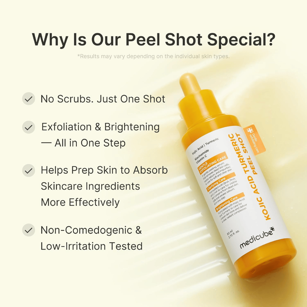 Medicube Kojic Acid Turmeric Peel Shot – exfoliërende peeling met kojinezuur en kurkuma voor een egalere teint, meer glans en een gladdere huid.