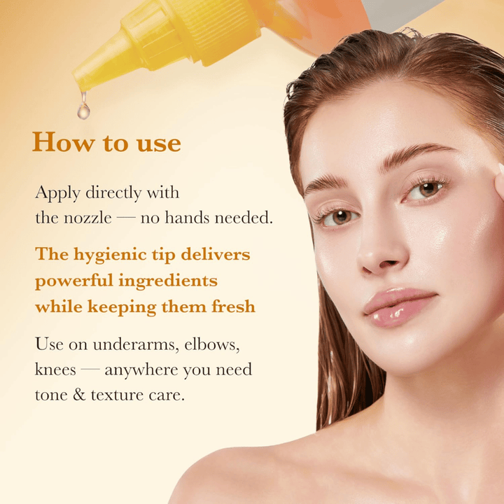 Gebruiksafbeelding voor Medicube Kojic Acid Turmeric Resurfacing Toner die hygiënische applicatie direct met de tipapplicator toont voor verzorging van huidtoon en textuur op bijvoorbeeld ellebogen en knieën.