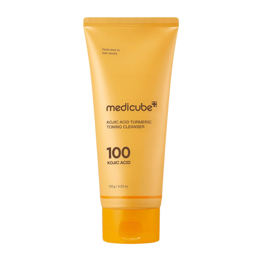 Medicube Kojic Acid Turmeric Toning Cleanser 120 g, gezichtsreiniger met kojinezuur en kurkuma in een gele tube tegen een witte achtergrond.