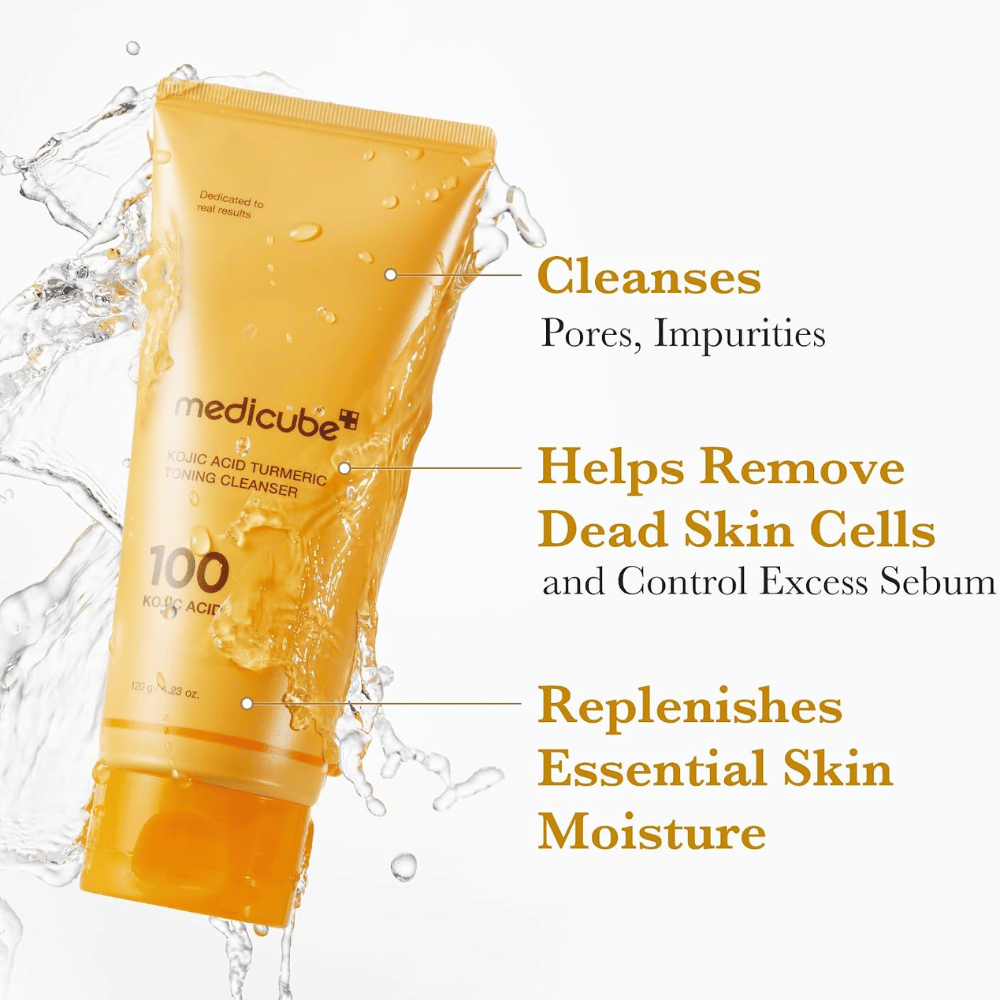 Medicube Kojic Acid Turmeric Toning Cleanser 120 g, gezichtsreiniger die onzuiverheden en dode huidcellen verwijdert. Gele tube met waterspetters.