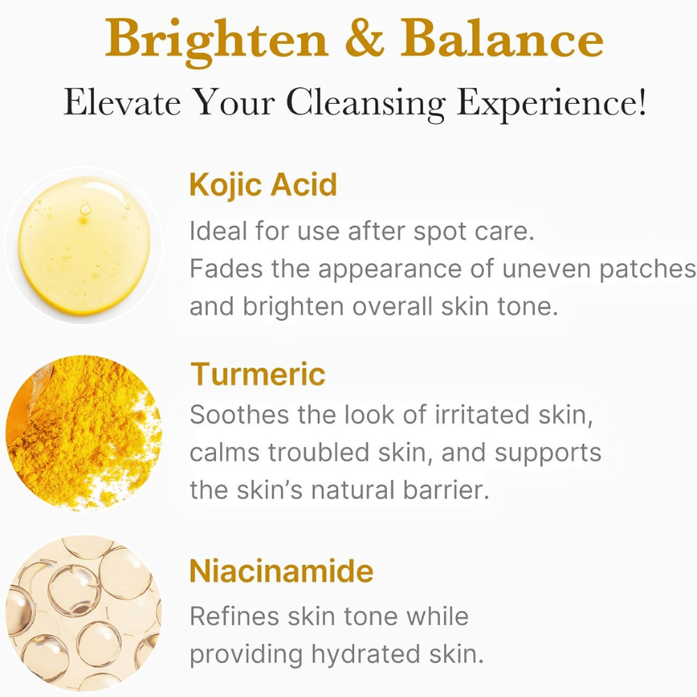 Medicube Kojic Acid Turmeric Toning Cleanser met kojinezuur, kurkuma en niacinamide. Ingrediëntenoverzicht voor een egalere huidtoon.