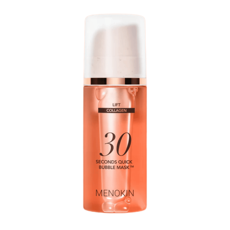 Vrijstaande productafbeelding van MENOKIN LIFT 30 Seconds Quick Bubble Mask die duidelijk het strakke oranje ontwerp en de pompverpakking toont.
