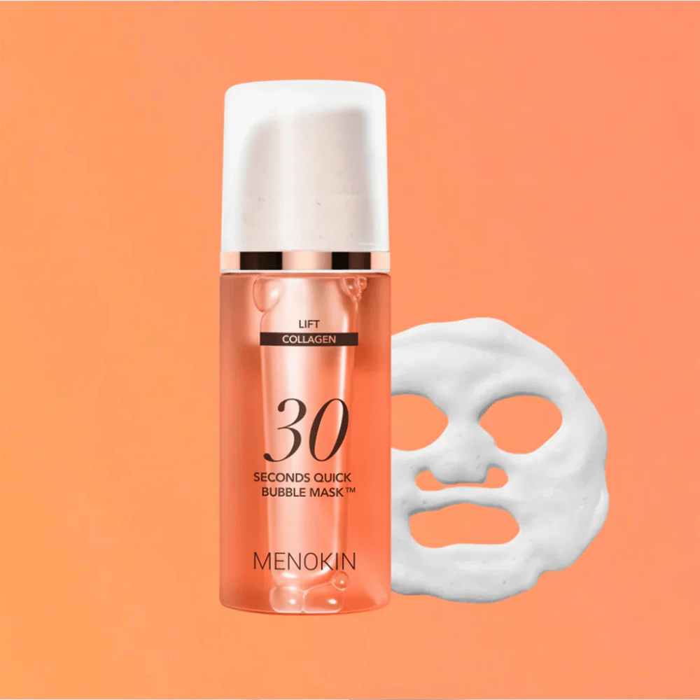 Productafbeelding van MENOKIN LIFT 30 Seconds Quick Bubble Mask met oranje achtergrond en schuimmaskervorm die een snel en effectief gezichtsmasker in slechts 30 seconden symboliseert.
