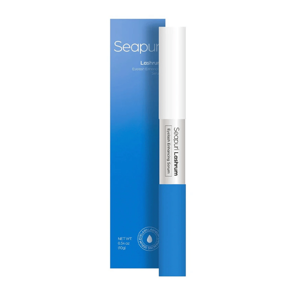Productafbeelding van Seapuri Lashrum Eyelash Enhancing Serum met verpakking. Bevordert langere, sterkere en vollere wimpers.
