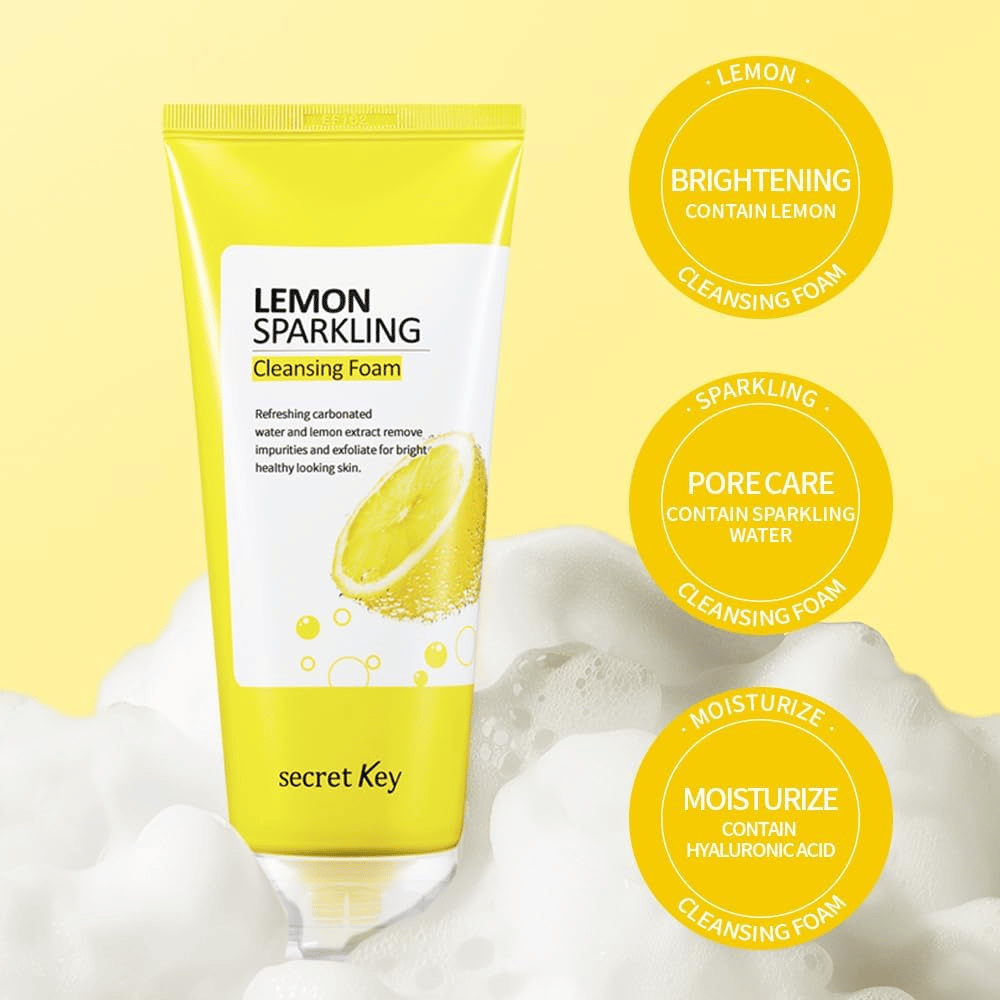 Secret Key Lemon Sparkling Cleansing Foam – schuimende gezichtswas die poriën reinigt, hydrateert met hyaluronzuur en de huid opheldert.
