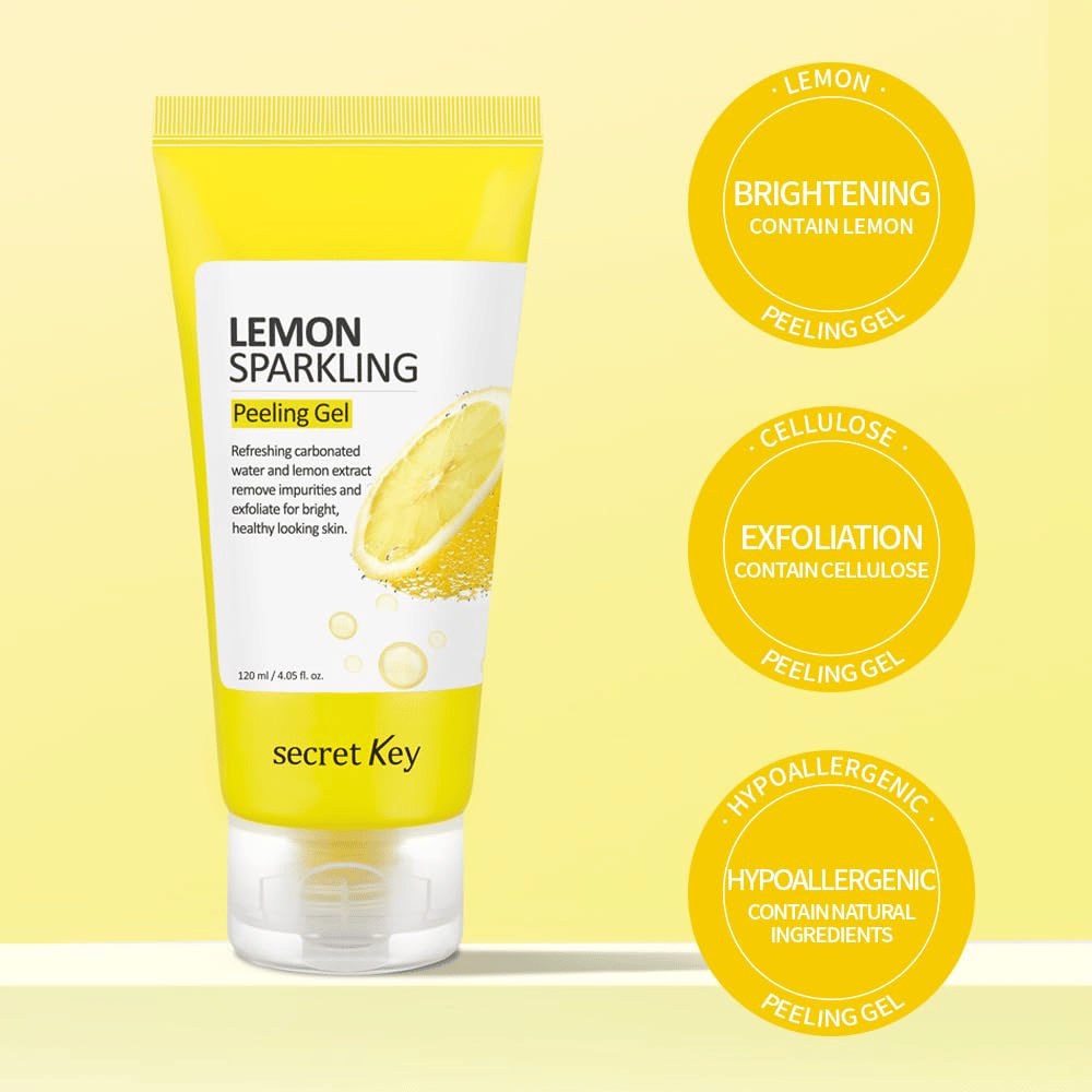 Secret Key Lemon Sparkling Peeling Gel – bevat citroen en cellulose voor exfoliatie, glans en een zachtere huid, zacht voor de gevoelige huid.