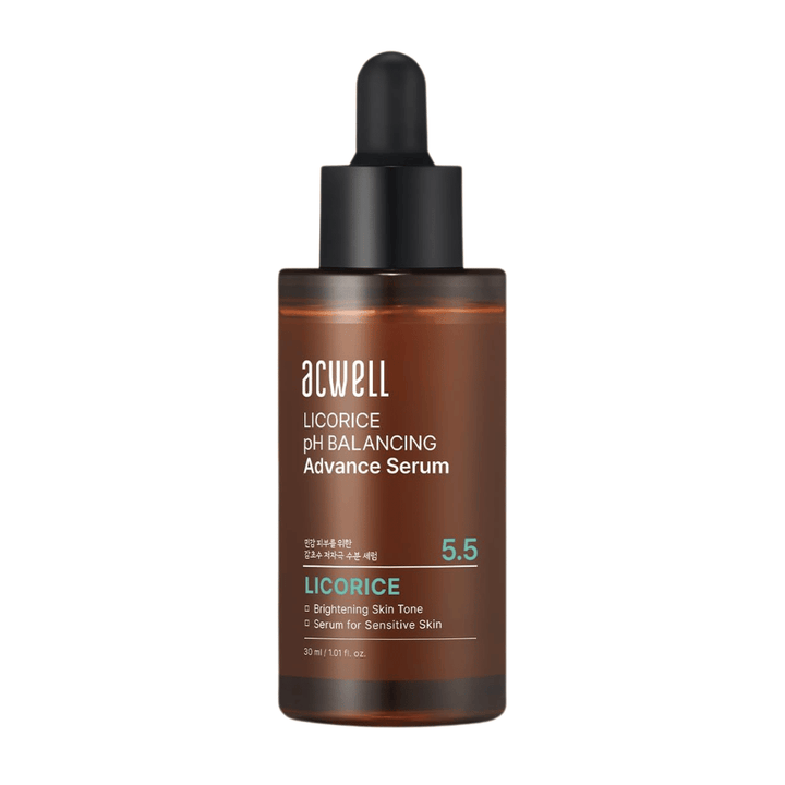 Vrijstaande schone productafbeelding van Acwell Licorice pH Balancing Advance Serum op een lichte achtergrond.