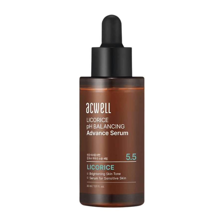 Vrijstaande schone productafbeelding van Acwell Licorice pH Balancing Advance Serum op een lichte achtergrond.