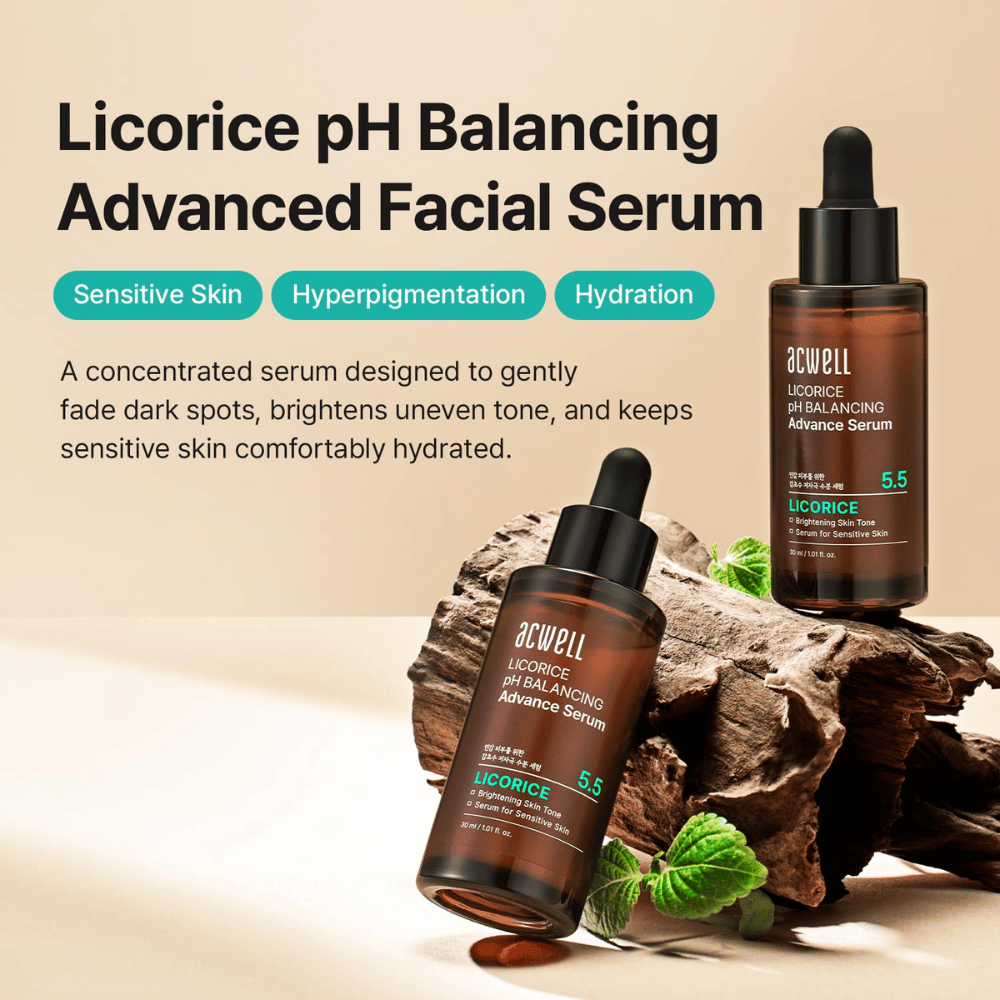 Marketingafbeelding voor Acwell Licorice pH Balancing Advance Serum met focus op gevoelige huid, hyperpigmentatie en hydratatie.