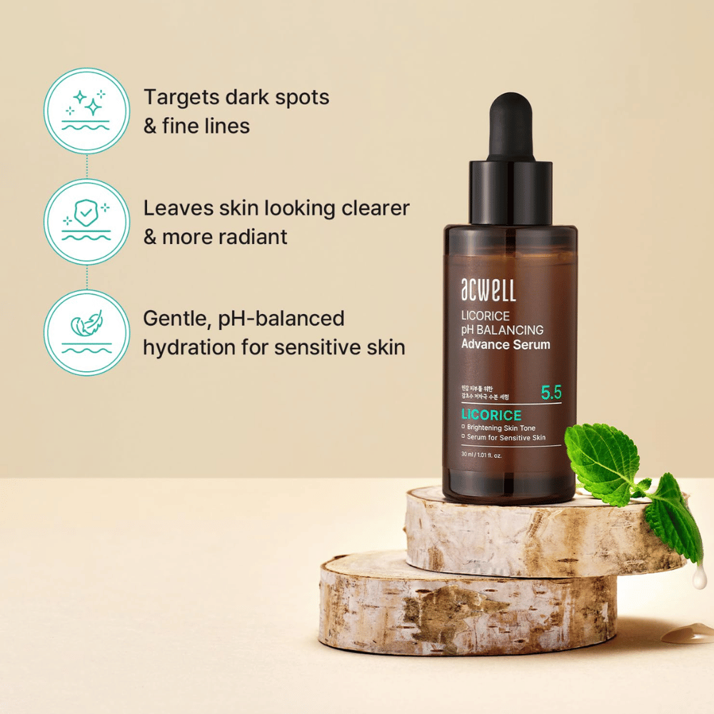 Productafbeelding die de voordelen van het serum beschrijft voor donkere vlekken, fijne lijntjes en gevoelige huid met pH-gebalanceerde hydratatie.