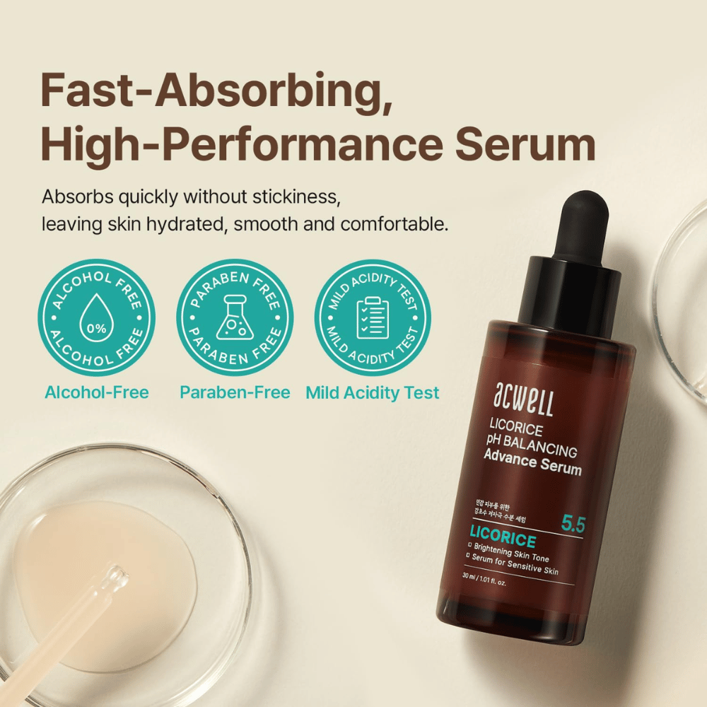 Informatieafbeelding die de snel absorberende formule van het serum benadrukt en dat deze alcoholvrij, parabeenvrij en pH-getest is voor de gevoelige huid.
