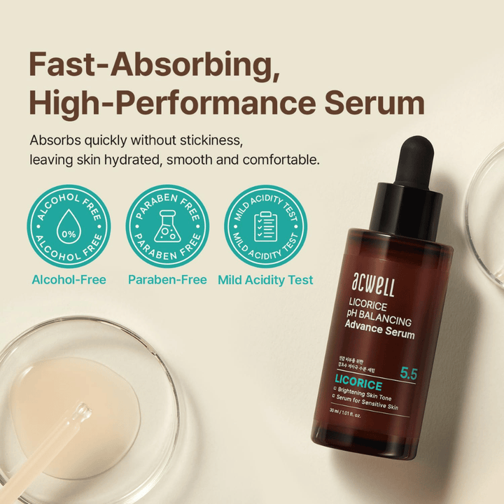 Informatieafbeelding die de snel absorberende formule van het serum benadrukt en dat deze alcoholvrij, parabeenvrij en pH-getest is voor de gevoelige huid.