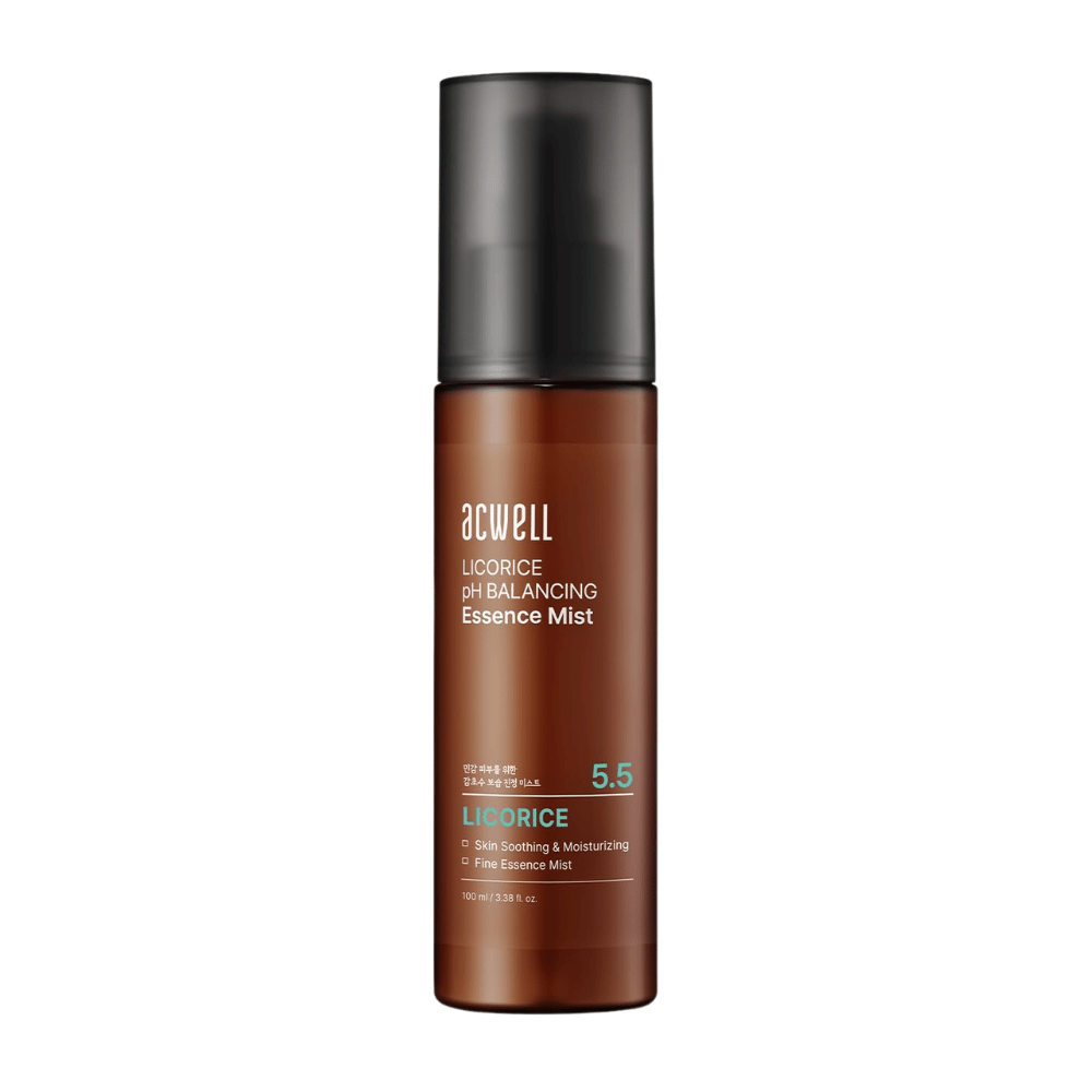 Productafbeelding van Acwell Licorice pH Balancing Essence Mist in een bruine sprayfles. Hydraterende essence mist met zoethoutextract en huidbalancerende pH 5,5 die helpt de huid te kalmeren en op te frissen.