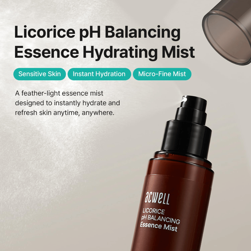 Acwell Licorice pH Balancing Essence Mist met focus op gevoelige huid, intensieve hydratatie en microfijne spraytechnologie. Verfrissende essence mist die de huid op elk moment van de dag hydrateert.