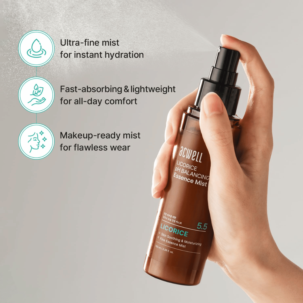 Acwell Licorice pH Balancing Essence Mist wordt gesprayd als een fijn verdeelde mist. Lichte formule die snel wordt opgenomen, onmiddellijk hydrateert en zowel met als zonder make-up werkt.