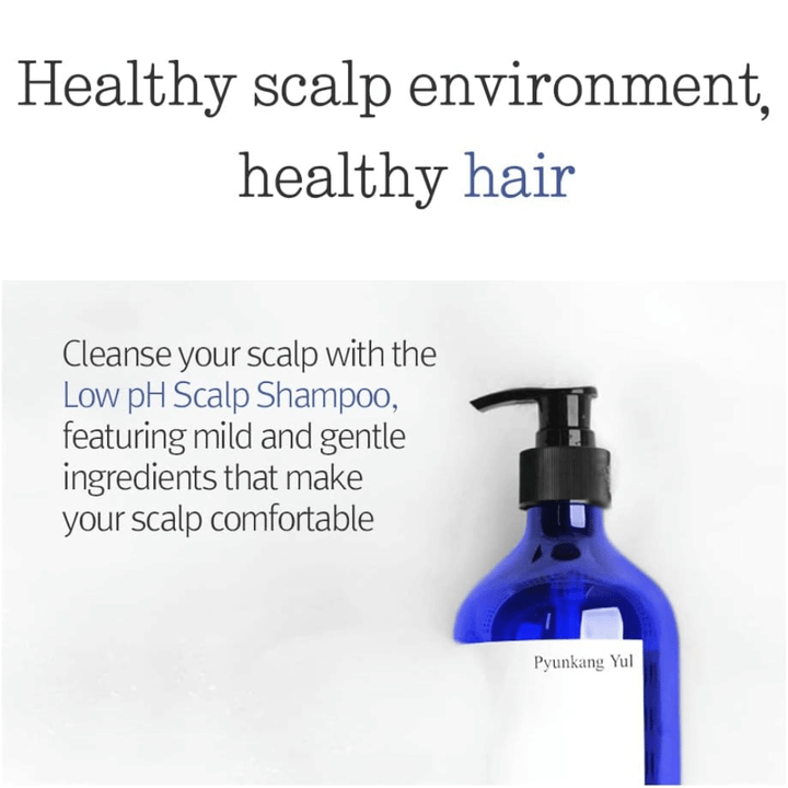 Informatieve afbeelding die Pyunkang Yul Low pH Scalp Shampoo en de milde formule ervan voor een evenwichtige en gezonde hoofdhuidomgeving benadrukt.