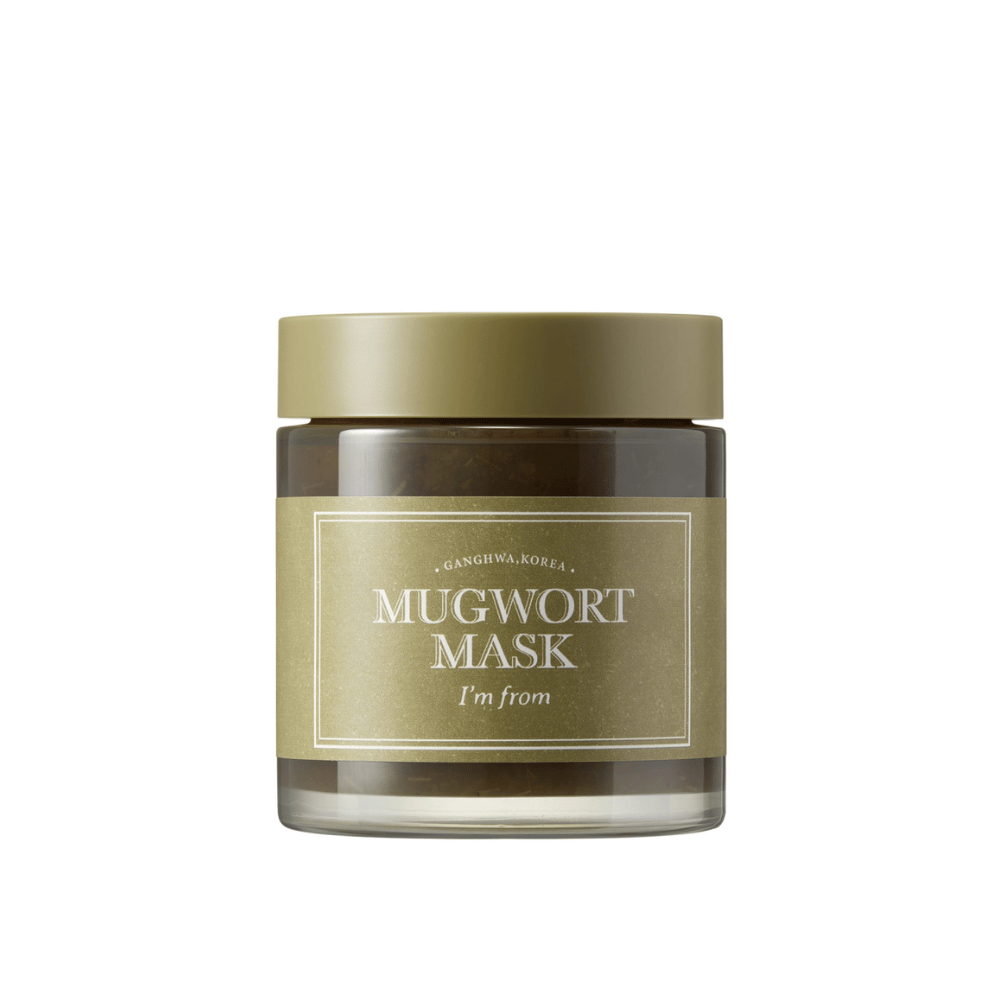 Productafbeelding van I'm From Mugwort Mask - een groen gezichtsmasker in een glazen pot met een olijfgroene deksel en etiket, gefotografeerd tegen een witte achtergrond.