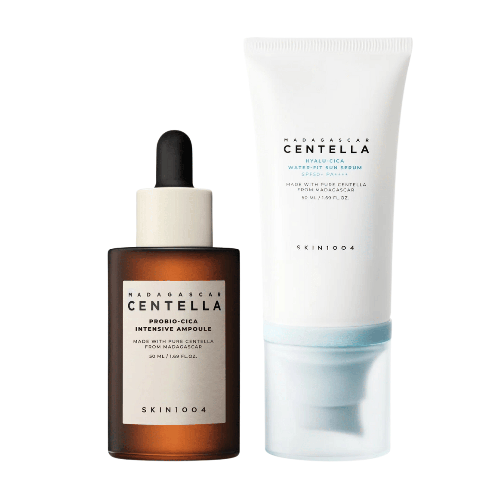 Twee huidverzorgingsproducten van SKIN1004 worden getoond: een ampul en een zonnebrandserum, beide met centella uit Madagaskar.