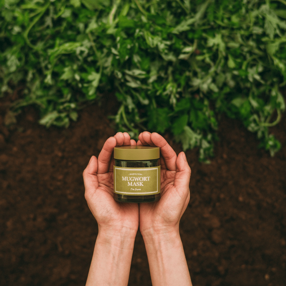 Handen die I'm From Mugwort Mask vasthouden tegen een achtergrond van aarde en verse groene kruiden, wat de natuurlijke ingrediënten van het product benadrukt.