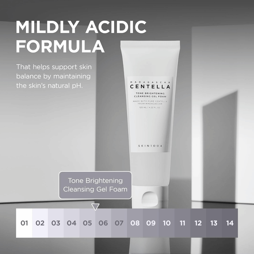 Informatieve afbeelding die de mild zure (lage pH) formule van het product beschrijft. De afbeelding benadrukt hoe de reiniging helpt de natuurlijke balans van de huid te behouden terwijl de huid effectief wordt gereinigd.