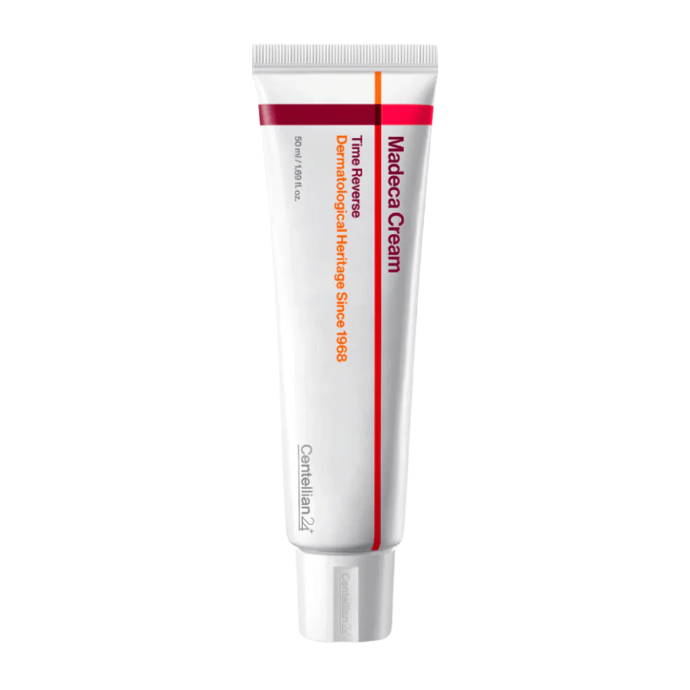 Productafbeelding van Centellian24 Madeca Cream Time Reverse in tube op witte achtergrond, een herstellende gezichtscrème met centella asiatica die de huidbarrière versterkt en geschikt is voor de gevoelige huid.