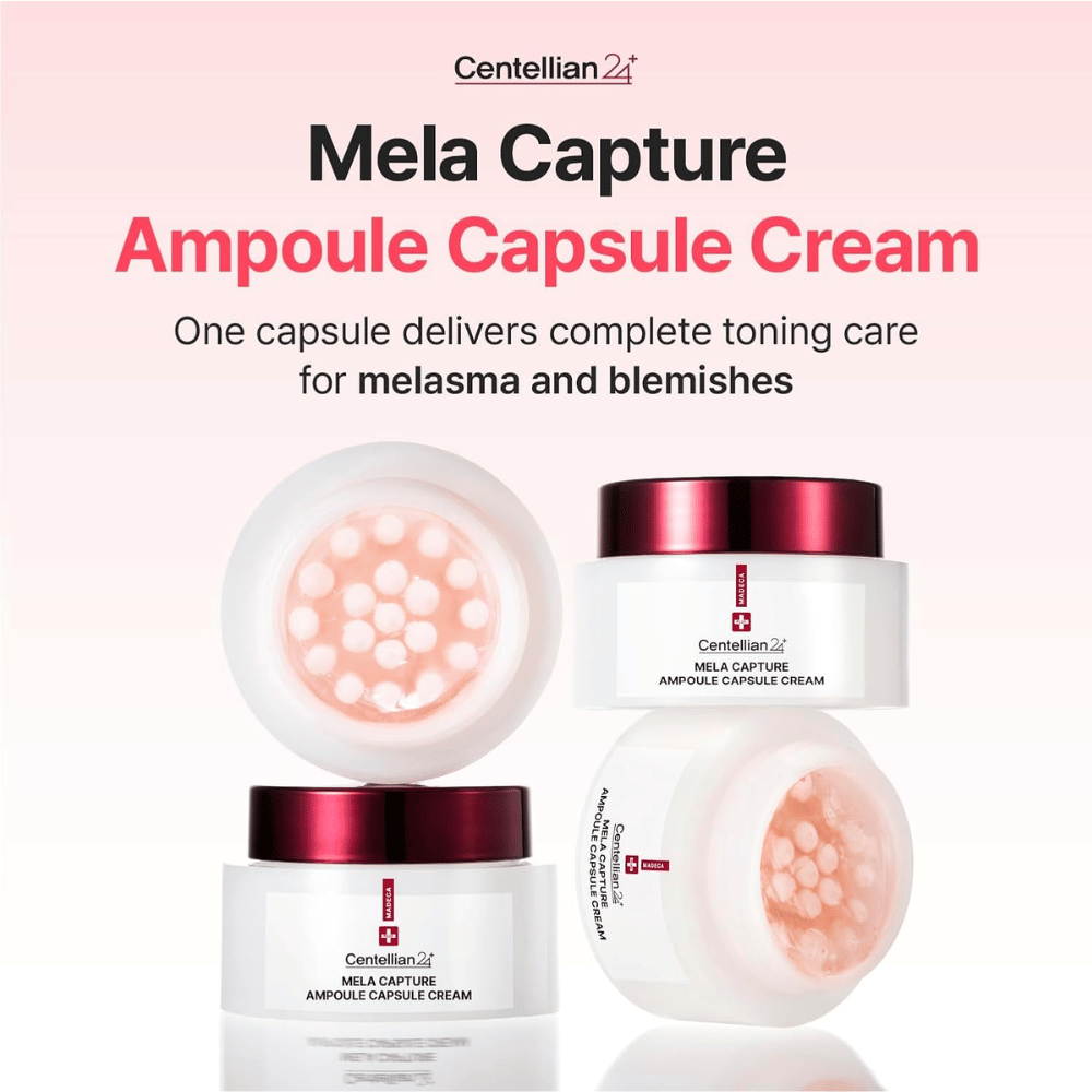 Productafbeelding van Centellian24 Madeca Mela Capture Ampoule Capsule Cream met focus op ampulcapsules en een formule ontwikkeld voor de verzorging van een ongelijkmatige teint en pigmentatie.