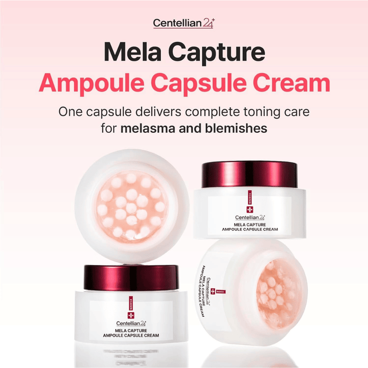 Productafbeelding van Centellian24 Madeca Mela Capture Ampoule Capsule Cream met focus op ampulcapsules en een formule ontwikkeld voor de verzorging van een ongelijkmatige teint en pigmentatie.
