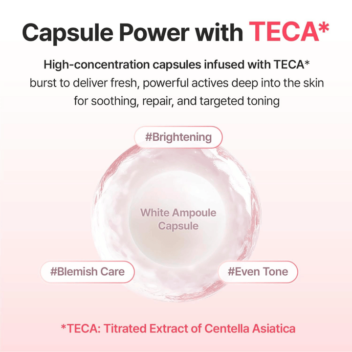 Ingrediëntenafbeelding die ampulcapsules toont verrijkt met TECA (Centella Asiatica-extract) om te helpen bij het geven van uitstraling, een egalere teint en de verzorging van pigmentvlekken.