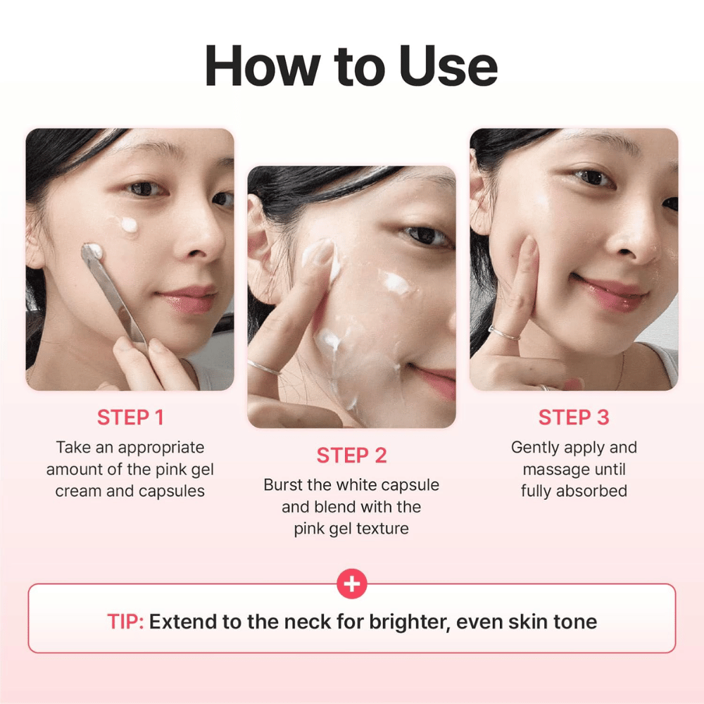 Stapsgewijze handleiding die laat zien hoe Centellian24 Madeca Mela Capture Ampoule Capsule Cream wordt aangebracht door de capsules met de gelcrème te mengen en in te masseren totdat het product is opgenomen.