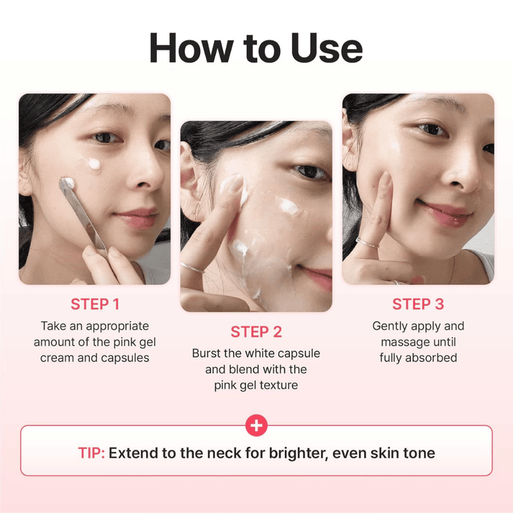 Stapsgewijze handleiding die laat zien hoe Centellian24 Madeca Mela Capture Ampoule Capsule Cream wordt aangebracht door de capsules met de gelcrème te mengen en in te masseren totdat het product is opgenomen.