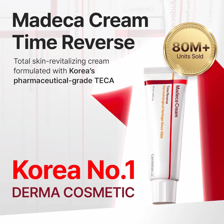 Centellian24 Madeca Cream Time Reverse wordt gepresenteerd als Korea's toonaangevende derma-crème met TECA, meer dan 80 miljoen verkochte eenheden en focus op huidvernieuwing en barrièreversterking.