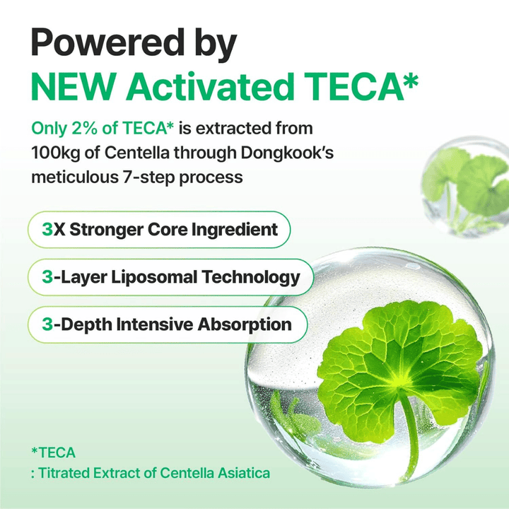 Grafiek die Activated TECA van Centella Asiatica in Centellian24 Madeca Cream uitlegt, met liposomale technologie die diepe absorptie biedt en het herstellende vermogen van de huid versterkt.