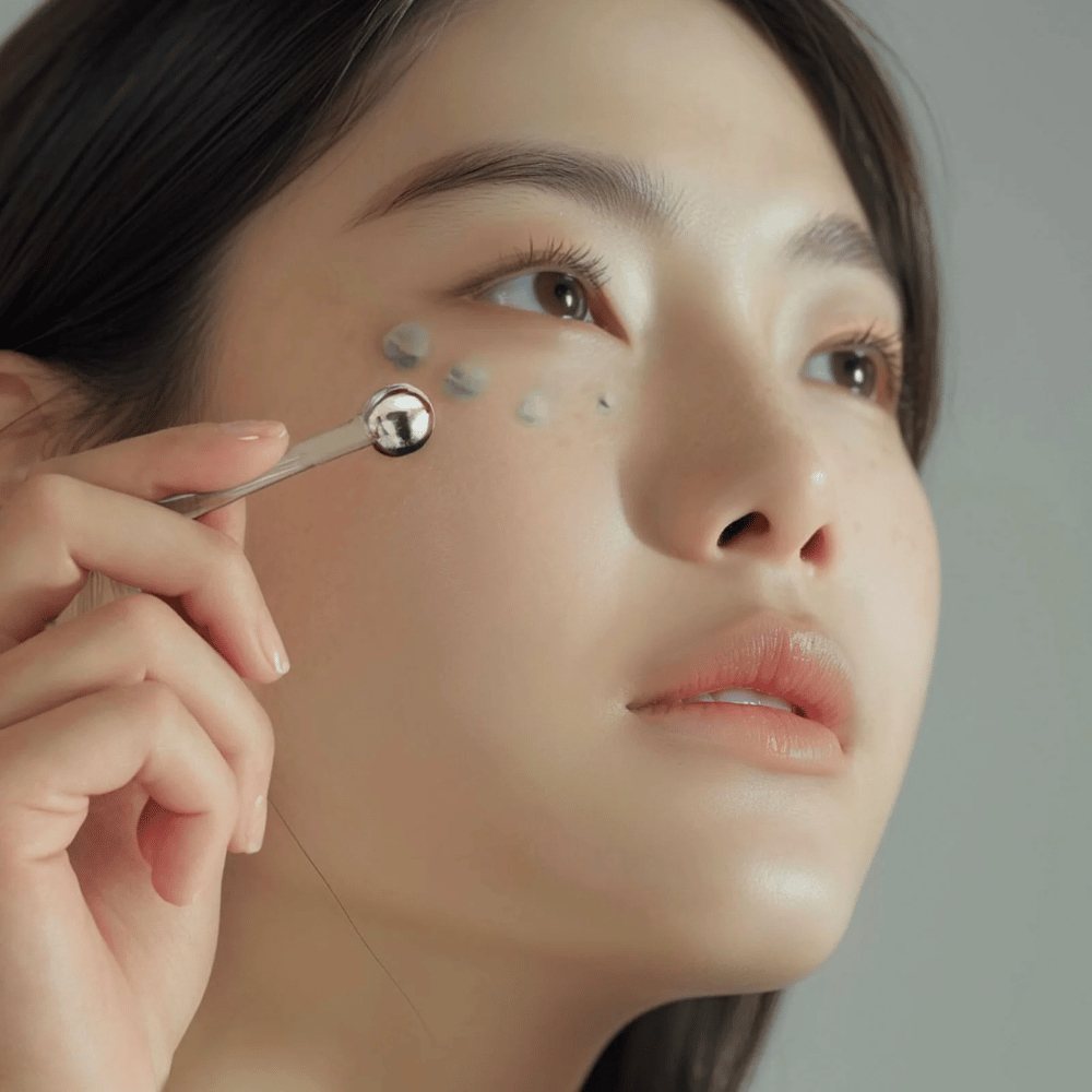 Vrouw brengt Heimish Marine Care Algae + Peptide Eye Cream onder het oog aan met een metalen applicator voor een verkoelend en verfrissend effect. De crème helpt om te hydrateren en tekenen van veroudering rond de ogen te verminderen.