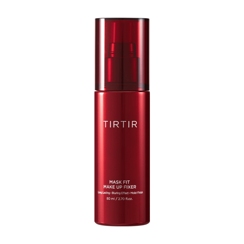 Een rode fles TIRTIR Mask Fit Make Up Fixer op witte achtergrond, ontworpen voor langdurige make-up fixatie met een vervagend effect en vochtige finish.