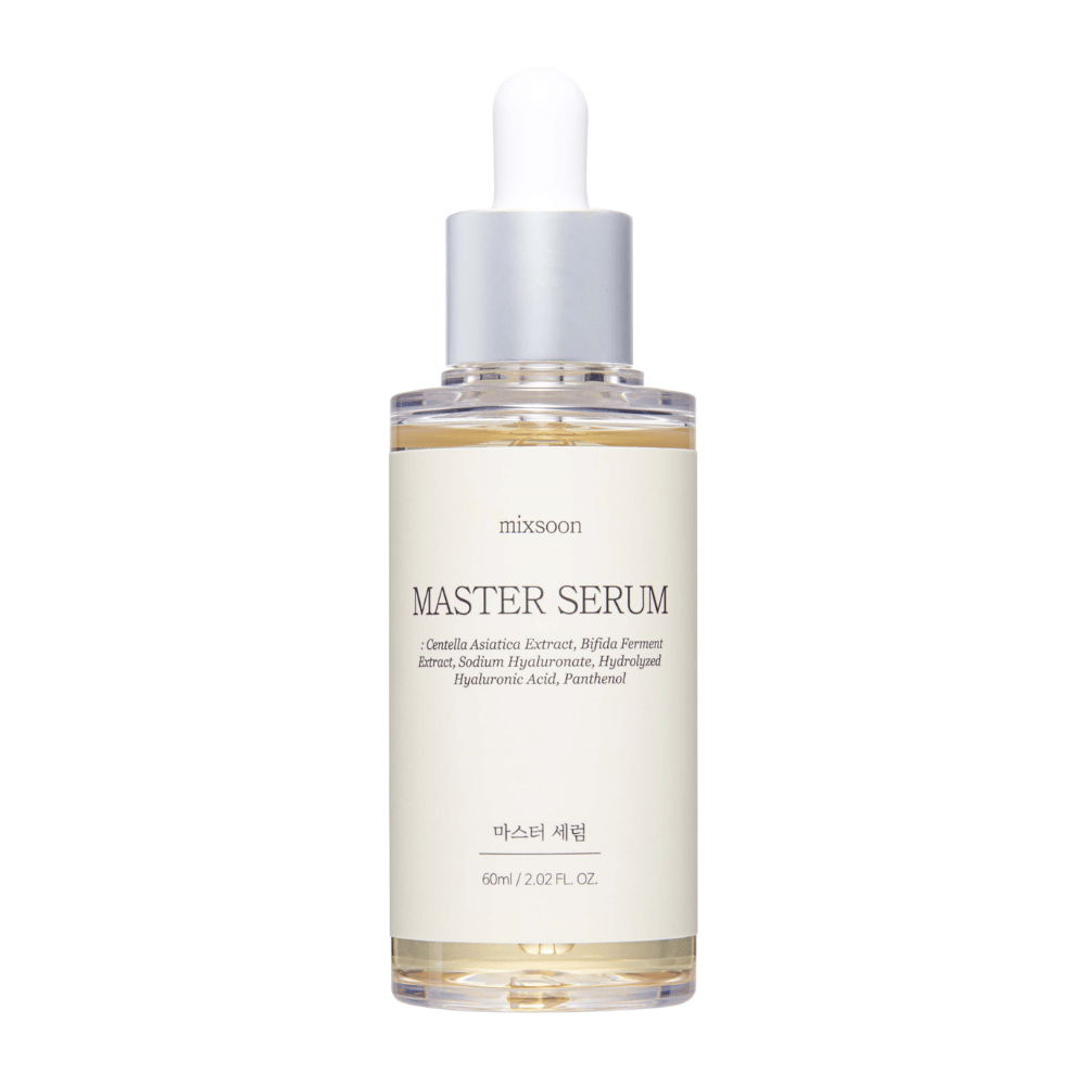 Mixsoon Master Serum in een doorzichtige glazen fles met zilverkleurige pipet, met kalmerende en hydraterende ingrediënten zoals Centella Asiatica en hyaluronzuur voor een stralende huid.