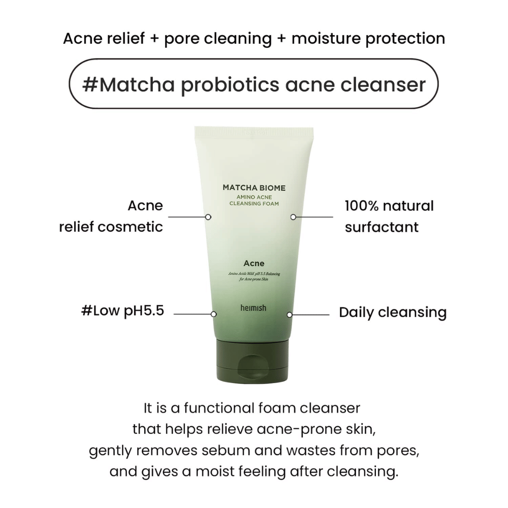 Heimish Matcha Biome Amino Acne Cleansing Foam low pH 5.5 – acne-reiniger die poriën reinigt, talg vermindert en de huid hydrateert
