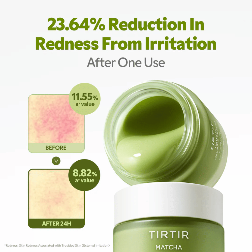 TIRTIR Matcha Calming Cream met ceramiden, panthenol en peptiden die hydrateren, de huidbarrière versterken en de elasticiteit van de huid verbeteren.