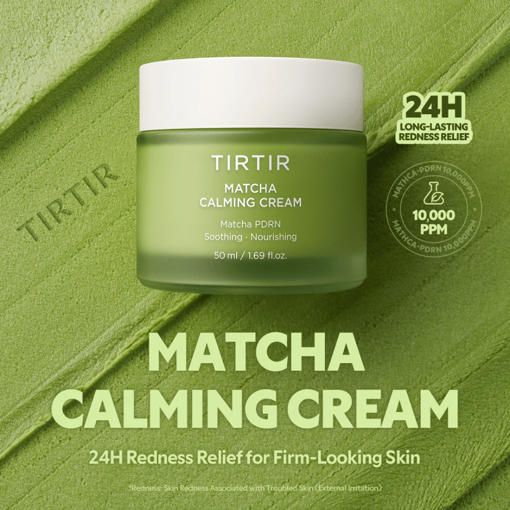 TIRTIR Matcha Calming Cream met ceramiden, panthenol en peptiden die intens hydrateren, de huidbarrière versterken en de elasticiteit verbeteren.