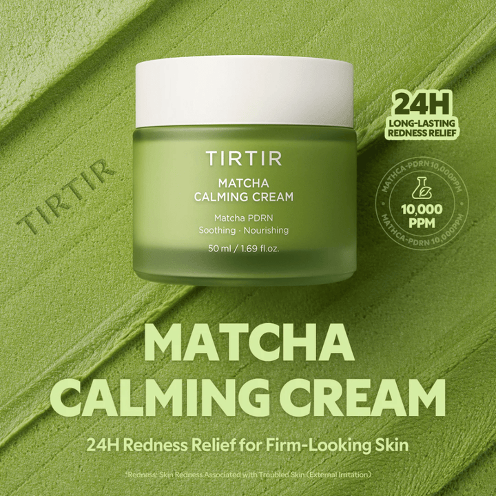 TIRTIR Matcha Calming Cream met ceramiden, panthenol en peptiden die intens hydrateren, de huidbarrière versterken en de elasticiteit verbeteren.